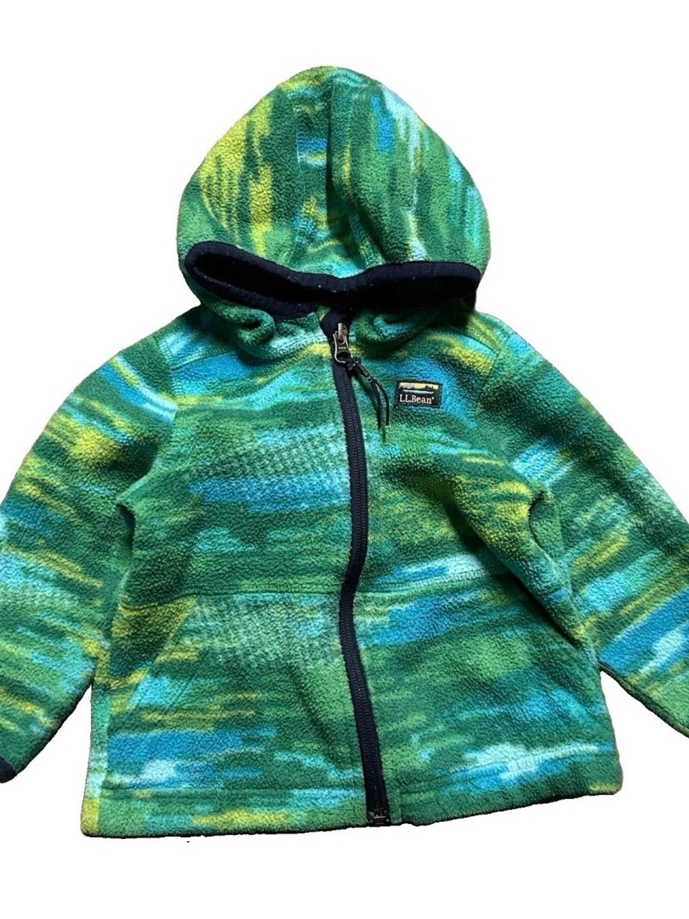 LL Bean Toddler Green Blue Fleece Full Zip Jacket Hood Size 12-18 Months
